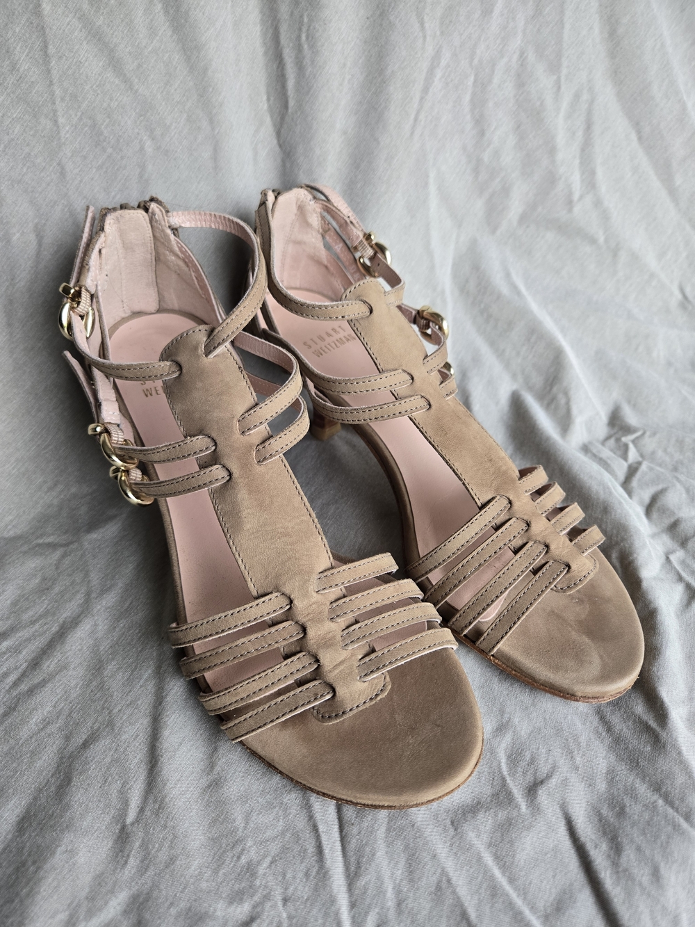 ✨ STUART WEITZMAN Blush Tan Suede Caged Strappy Ankle Sandals US 5✨